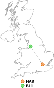 map showing distance between HA8 and BL1