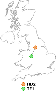 map showing distance between HD2 and TF1