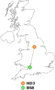map showing distance between HD3 and BS8