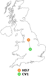 map showing distance between HD7 and CV1