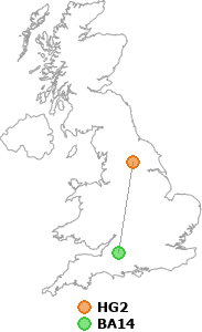 map showing distance between HG2 and BA14