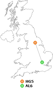 map showing distance between HG5 and AL6