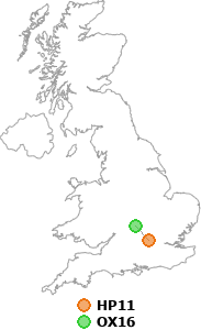 map showing distance between HP11 and OX16