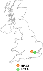 map showing distance between HP13 and EC1A