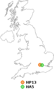 map showing distance between HP13 and HA5