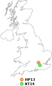 map showing distance between HP13 and KT14
