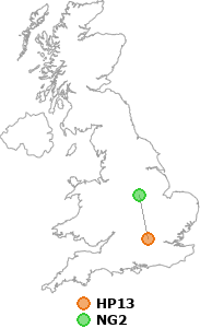 map showing distance between HP13 and NG2