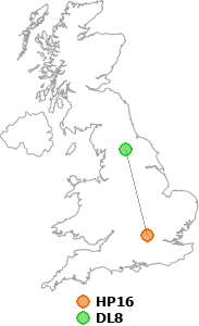 map showing distance between HP16 and DL8