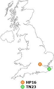 map showing distance between HP16 and TN23