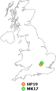 map showing distance between HP19 and MK17