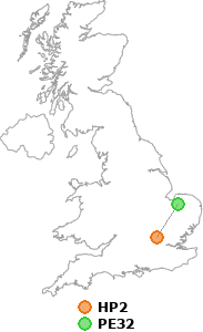 map showing distance between HP2 and PE32