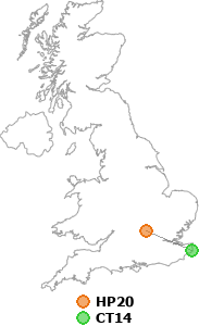 map showing distance between HP20 and CT14