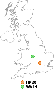map showing distance between HP20 and WV14
