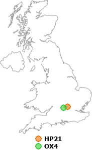 map showing distance between HP21 and OX4