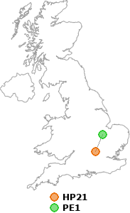 map showing distance between HP21 and PE1