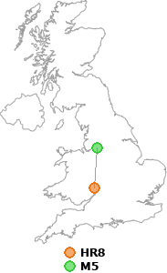 map showing distance between HR8 and M5