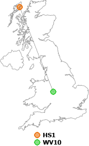 map showing distance between HS1 and WV10