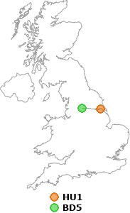 map showing distance between HU1 and BD5