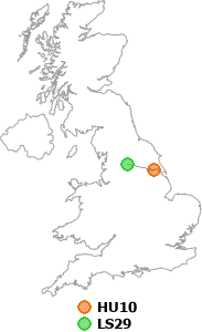 map showing distance between HU10 and LS29