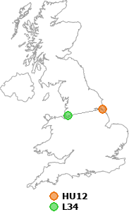 map showing distance between HU12 and L34