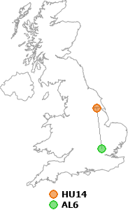map showing distance between HU14 and AL6
