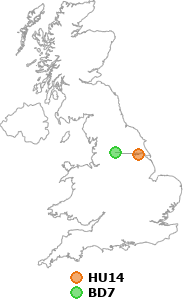 map showing distance between HU14 and BD7