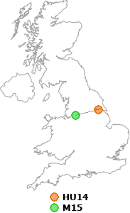 map showing distance between HU14 and M15