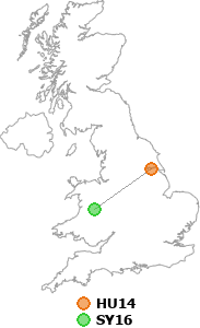 map showing distance between HU14 and SY16