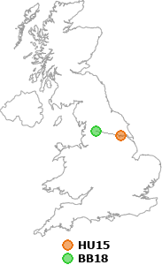 map showing distance between HU15 and BB18