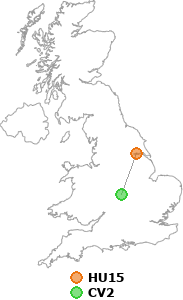 map showing distance between HU15 and CV2