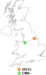 map showing distance between HU15 and CW6