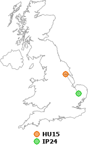 map showing distance between HU15 and IP24