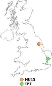 map showing distance between HU15 and IP7
