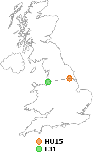 map showing distance between HU15 and L31