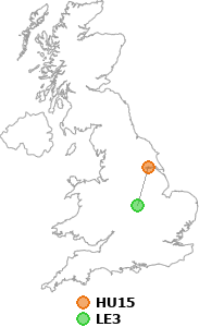 map showing distance between HU15 and LE3