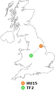 map showing distance between HU15 and TF2