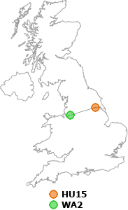 map showing distance between HU15 and WA2