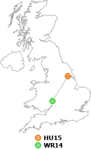 map showing distance between HU15 and WR14