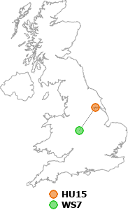 map showing distance between HU15 and WS7