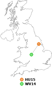 map showing distance between HU15 and WV14