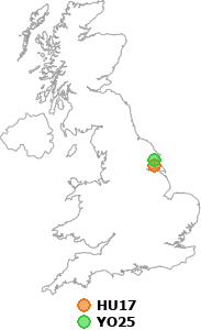 map showing distance between HU17 and YO25
