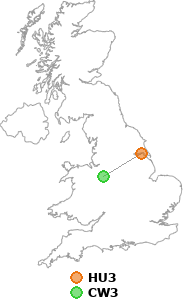 map showing distance between HU3 and CW3