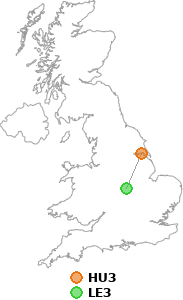 map showing distance between HU3 and LE3