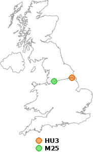 map showing distance between HU3 and M25