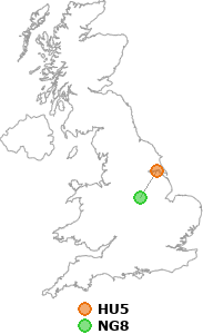 map showing distance between HU5 and NG8