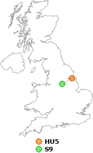 map showing distance between HU5 and S9