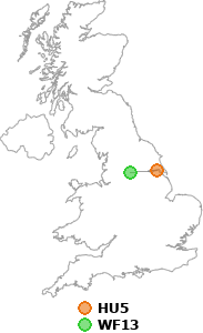 map showing distance between HU5 and WF13