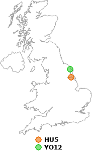 map showing distance between HU5 and YO12