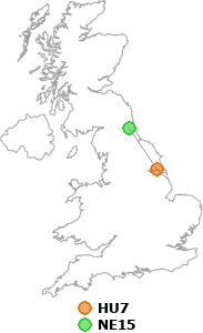 map showing distance between HU7 and NE15