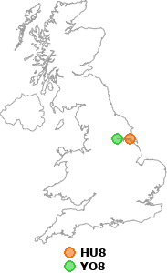 map showing distance between HU8 and YO8